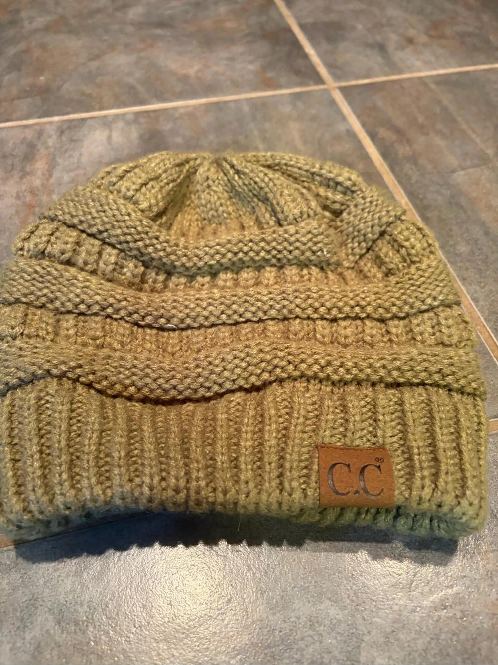 C.C Olive Green Ribbed Knit Beanie